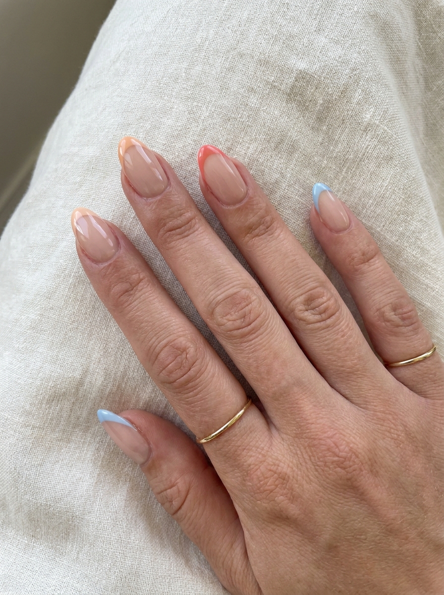 Almond Sommer French Nails mit eleganter Mandelform und farbigen Spitzen